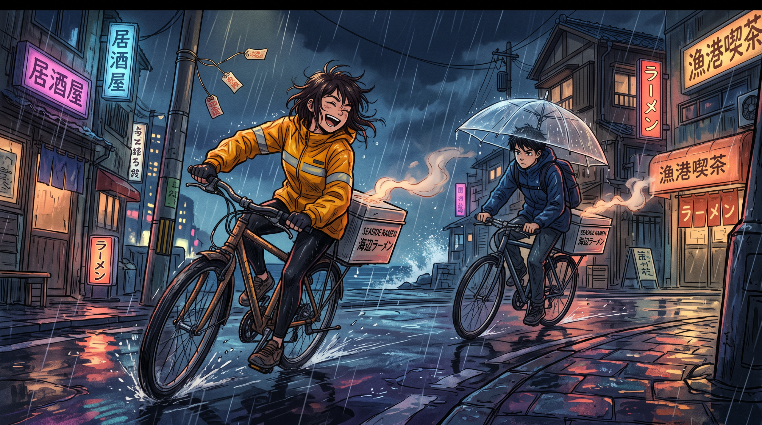 An anime street scene, bikes in the rain