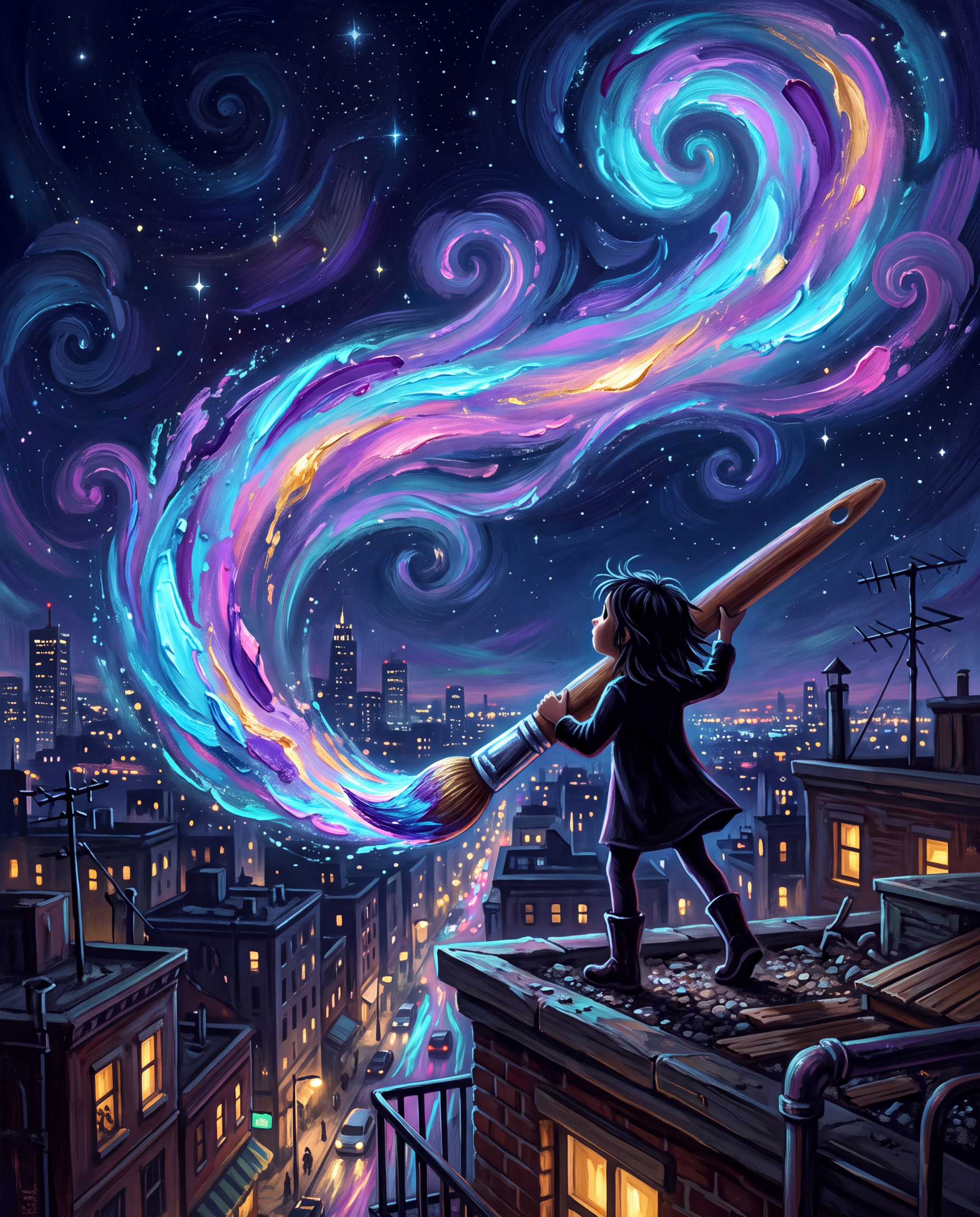 A child painting a city into existence
