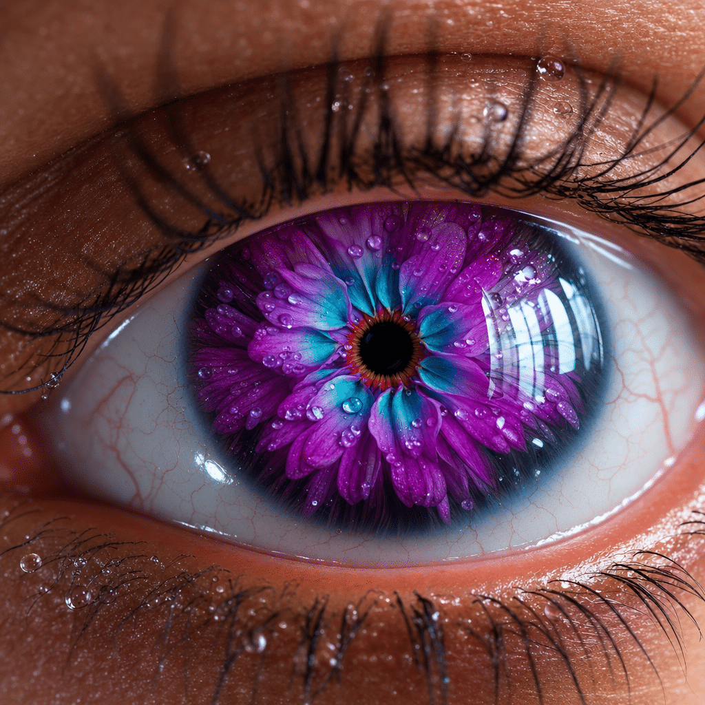 A close-up of an eye made of flower petals
