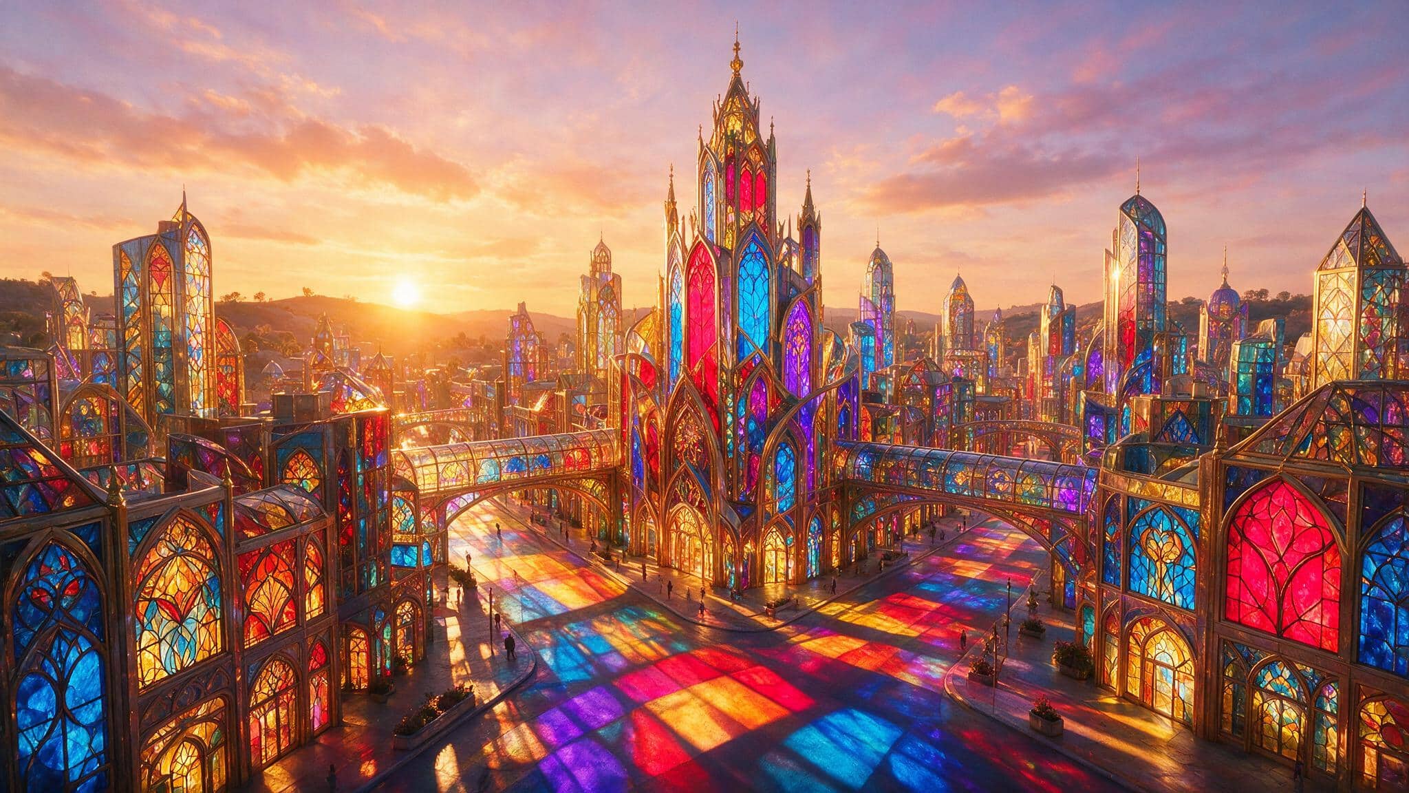 A fantasy city rendered as stained glass