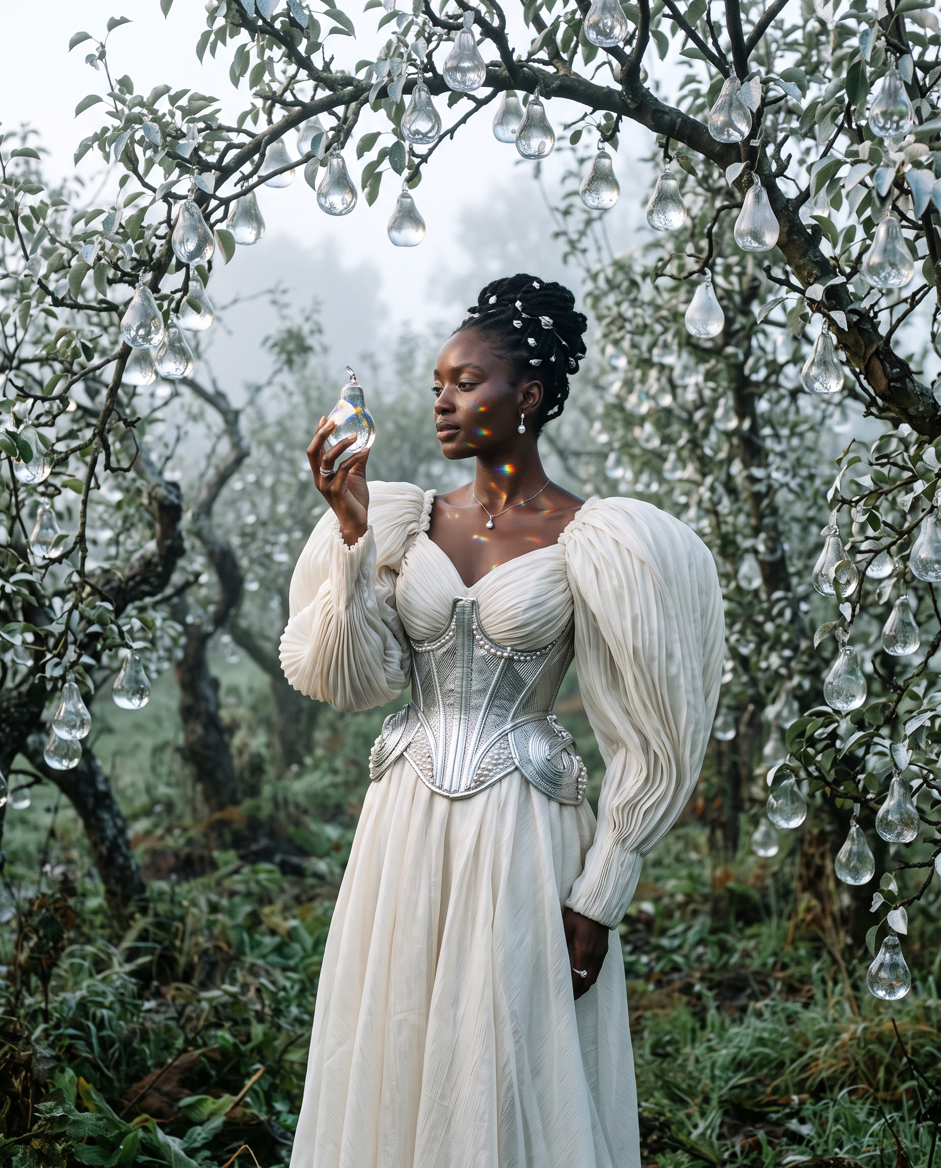 A woman holding a crystal pear in a forest
