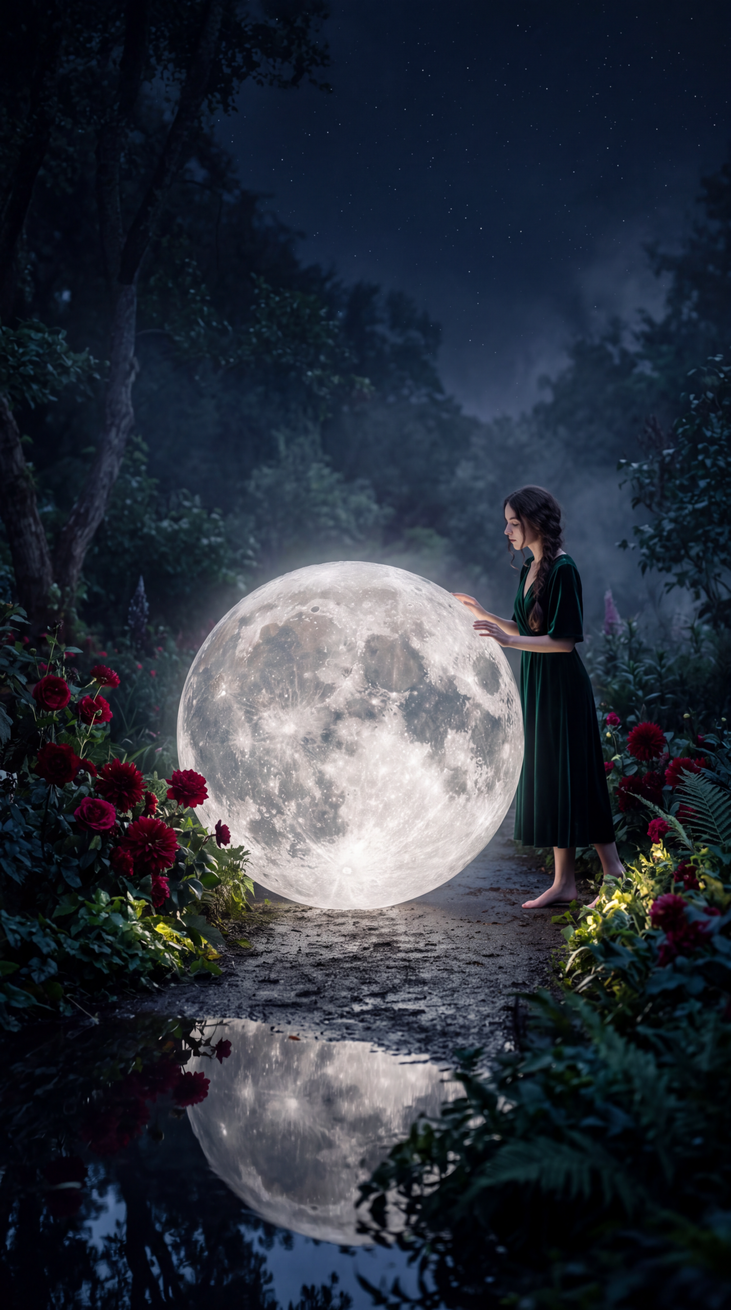 A woman beside a glowing moon
