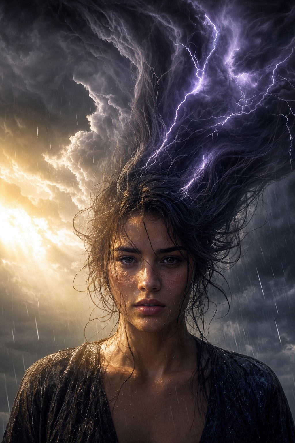 A woman in a storm, lightning behind her